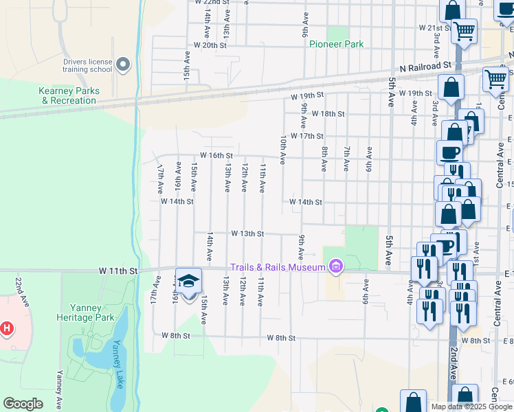 map of restaurants, bars, coffee shops, grocery stores, and more near 1301-1331 12th Avenue in Kearney