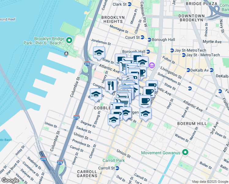 map of restaurants, bars, coffee shops, grocery stores, and more near Clinton St & Congress St in Brooklyn