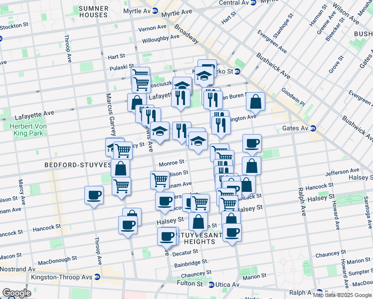map of restaurants, bars, coffee shops, grocery stores, and more near Stuyvesant Avenue in Brooklyn