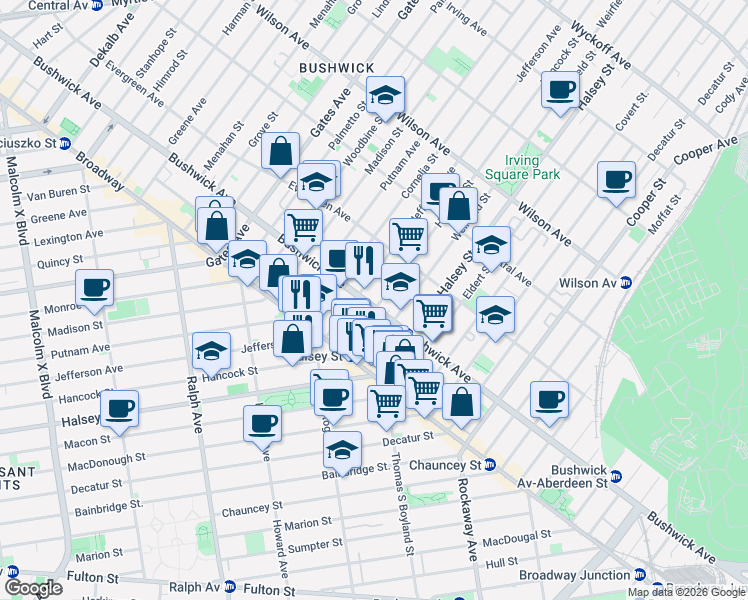 map of restaurants, bars, coffee shops, grocery stores, and more near 1209 Bushwick Avenue in Brooklyn