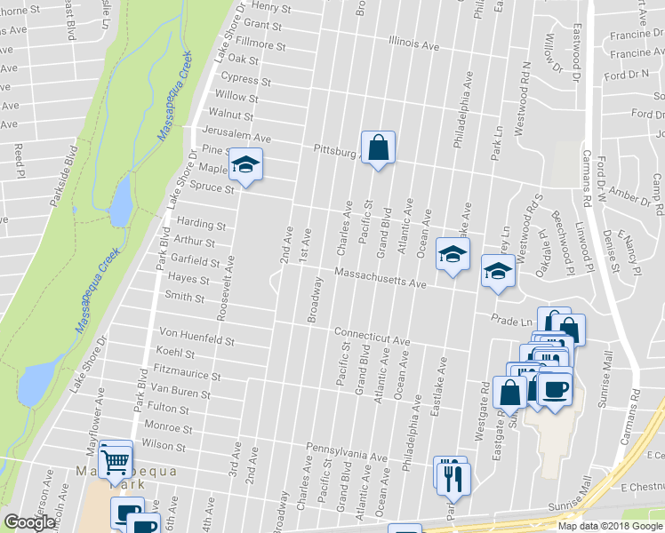 map of restaurants, bars, coffee shops, grocery stores, and more near 299 Massachusetts Avenue in Massapequa Park