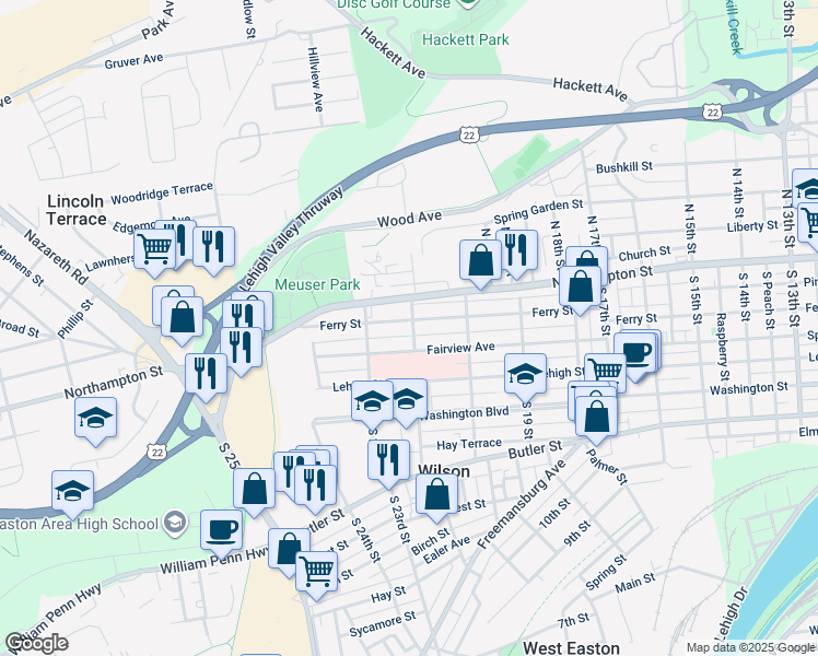 map of restaurants, bars, coffee shops, grocery stores, and more near 2061 Fairview Avenue in Easton