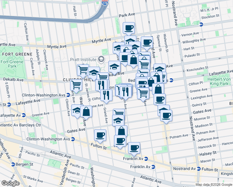 map of restaurants, bars, coffee shops, grocery stores, and more near 79 Clifton Place in Brooklyn