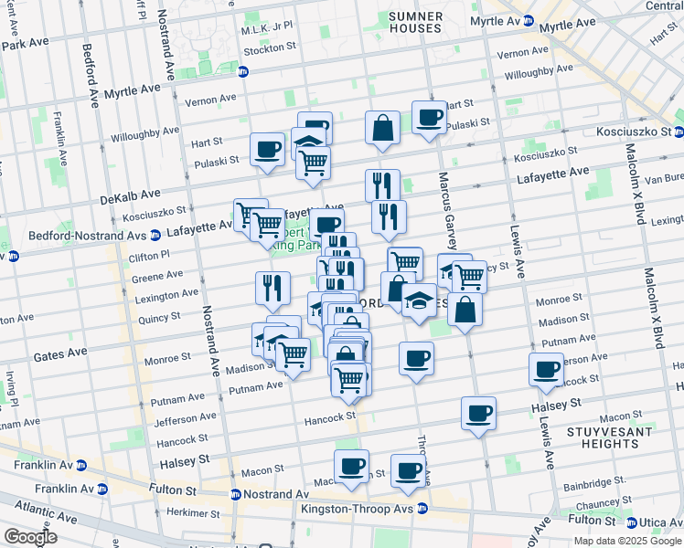 map of restaurants, bars, coffee shops, grocery stores, and more near 418 Lexington Avenue in Brooklyn