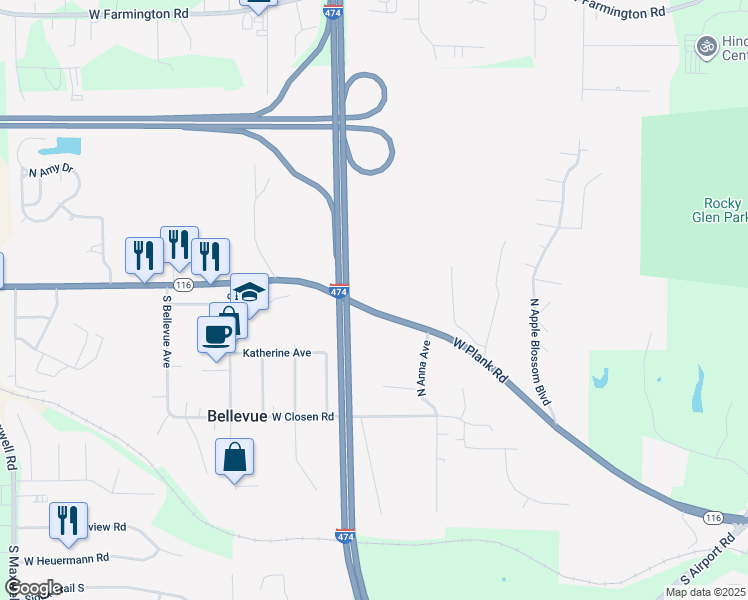map of restaurants, bars, coffee shops, grocery stores, and more near 5109 West Plank Road in Bellevue