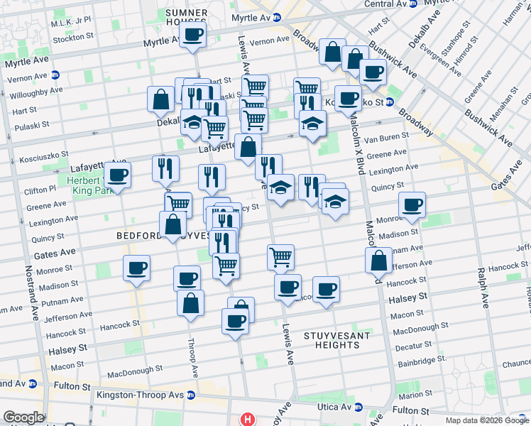 map of restaurants, bars, coffee shops, grocery stores, and more near 218 Lewis Avenue in Brooklyn