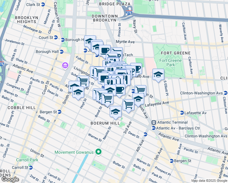 map of restaurants, bars, coffee shops, grocery stores, and more near 9 Bond Street in Brooklyn