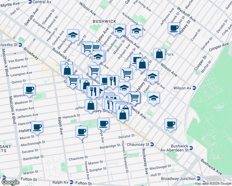 map of restaurants, bars, coffee shops, grocery stores, and more near 1209 Bushwick Avenue in Brooklyn