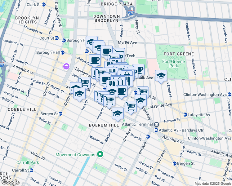 map of restaurants, bars, coffee shops, grocery stores, and more near 9 Bond Street in Brooklyn