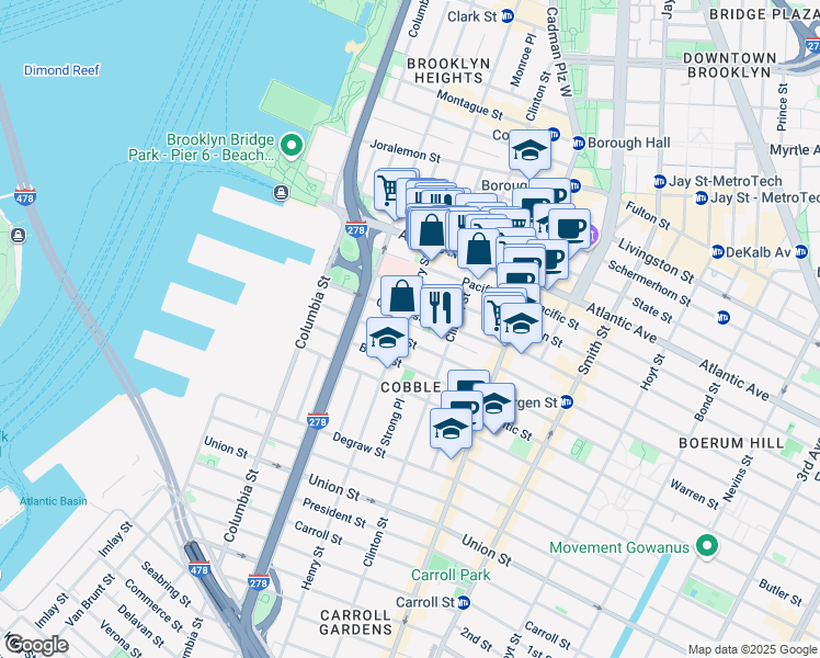 map of restaurants, bars, coffee shops, grocery stores, and more near 122 Amity Street in Brooklyn