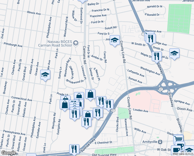 map of restaurants, bars, coffee shops, grocery stores, and more near 18 East Nancy Place in Massapequa