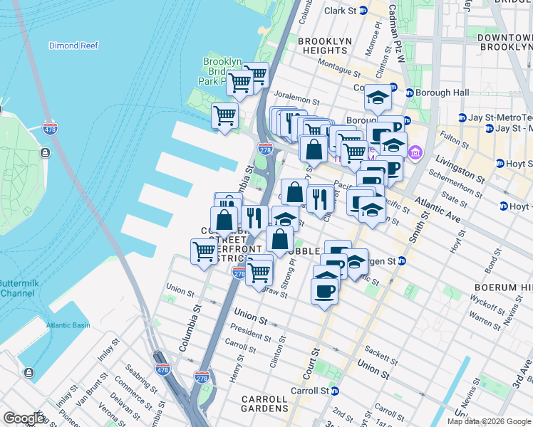 map of restaurants, bars, coffee shops, grocery stores, and more near 94 Congress Street in Brooklyn