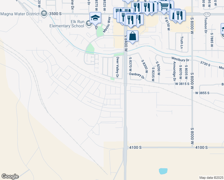 map of restaurants, bars, coffee shops, grocery stores, and more near 3843 Iron Baron Drive in Magna