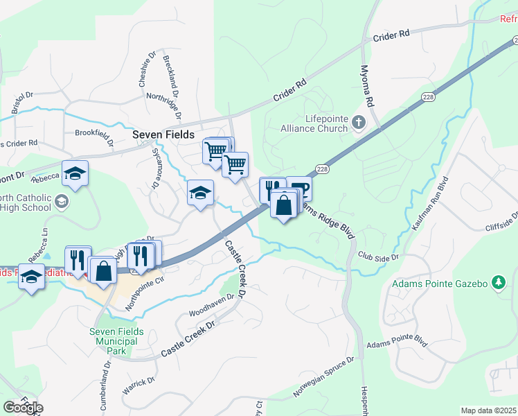 map of restaurants, bars, coffee shops, grocery stores, and more near 206 Seven Fields Boulevard in Seven Fields