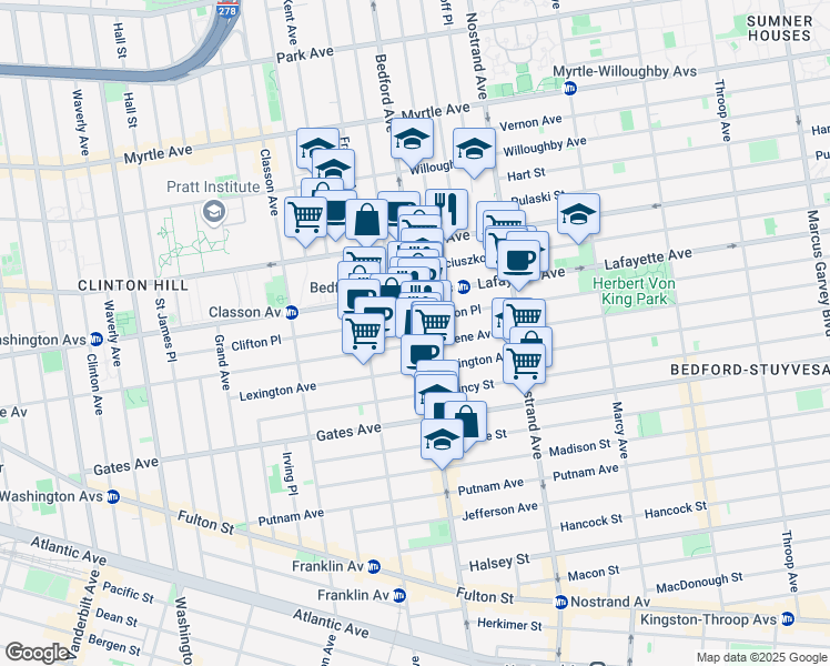 map of restaurants, bars, coffee shops, grocery stores, and more near 1068 Bedford Avenue in Brooklyn