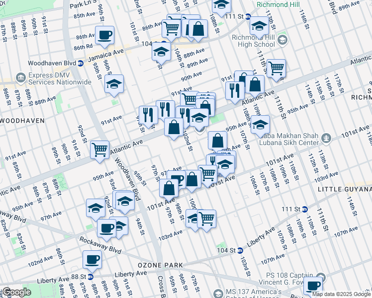 map of restaurants, bars, coffee shops, grocery stores, and more near 101-12 95th Avenue in Queens