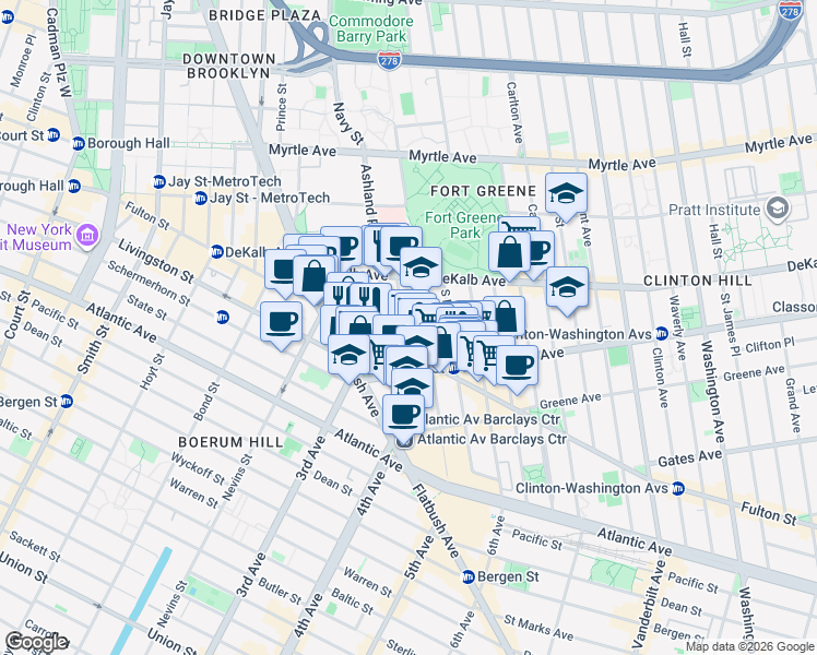 map of restaurants, bars, coffee shops, grocery stores, and more near 47 Saint Felix Street in Brooklyn