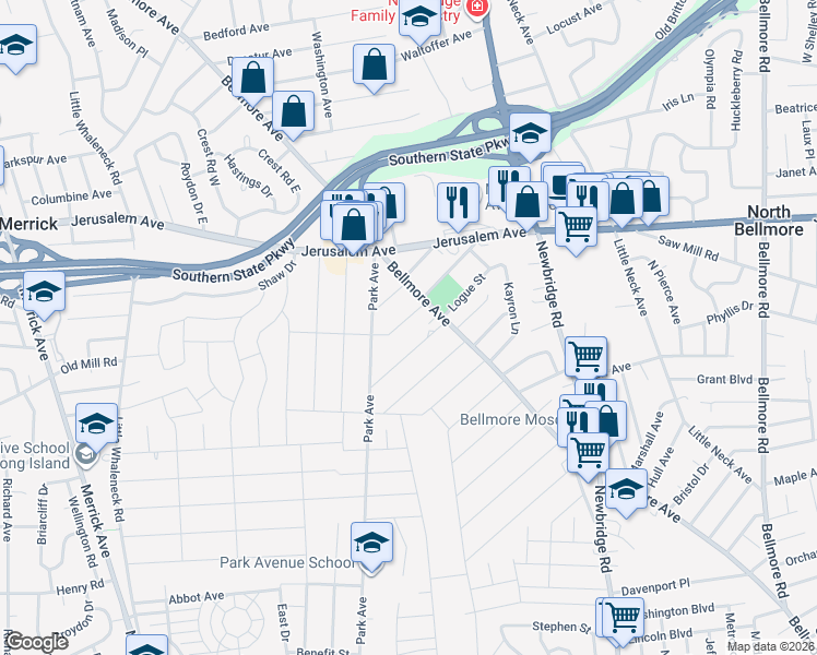 map of restaurants, bars, coffee shops, grocery stores, and more near 2374 Schiller Avenue in North Bellmore