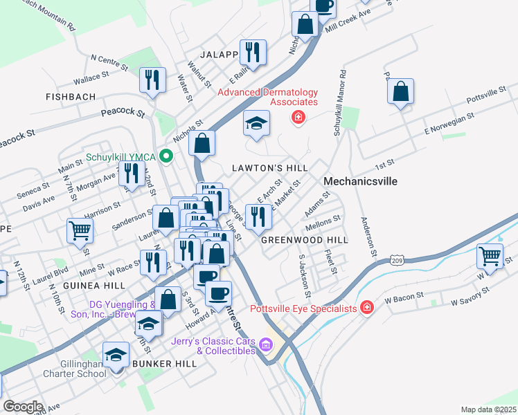 map of restaurants, bars, coffee shops, grocery stores, and more near 433 East Arch Street in Pottsville