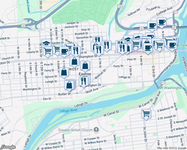 map of restaurants, bars, coffee shops, grocery stores, and more near 136 South 8th Street in Easton