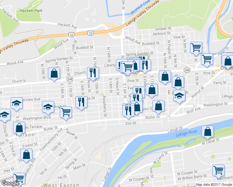 map of restaurants, bars, coffee shops, grocery stores, and more near 121 South Peach Street in Easton