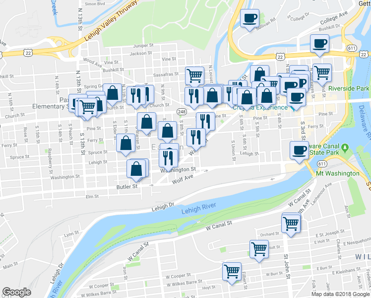 map of restaurants, bars, coffee shops, grocery stores, and more near 136 South 8th Street in Easton