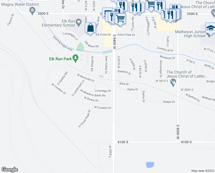 map of restaurants, bars, coffee shops, grocery stores, and more near 3840 West Bowie Drive in Magna