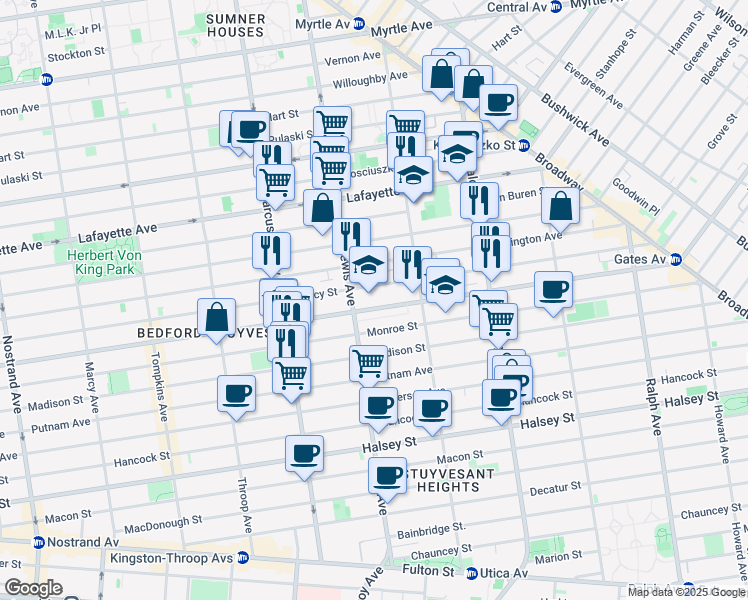 map of restaurants, bars, coffee shops, grocery stores, and more near 616 Quincy Street in Brooklyn