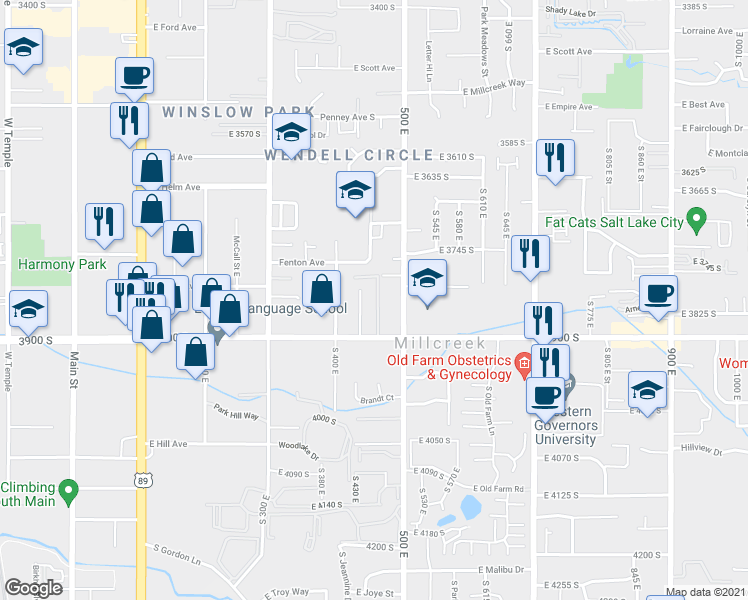 map of restaurants, bars, coffee shops, grocery stores, and more near 434 East Mitchell Cove in South Salt Lake