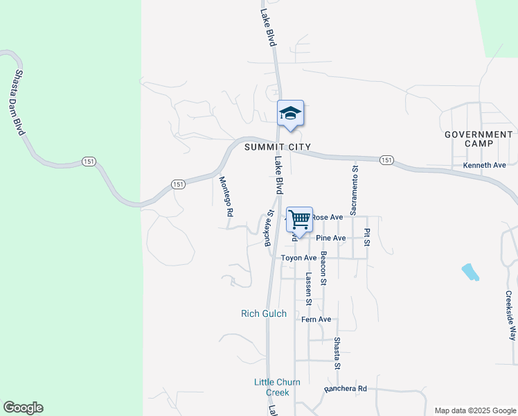 map of restaurants, bars, coffee shops, grocery stores, and more near 13773 Montego Drive in Shasta Lake