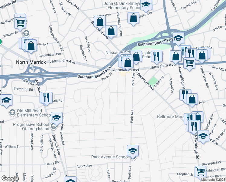 map of restaurants, bars, coffee shops, grocery stores, and more near 24 Winifred Drive in Merrick