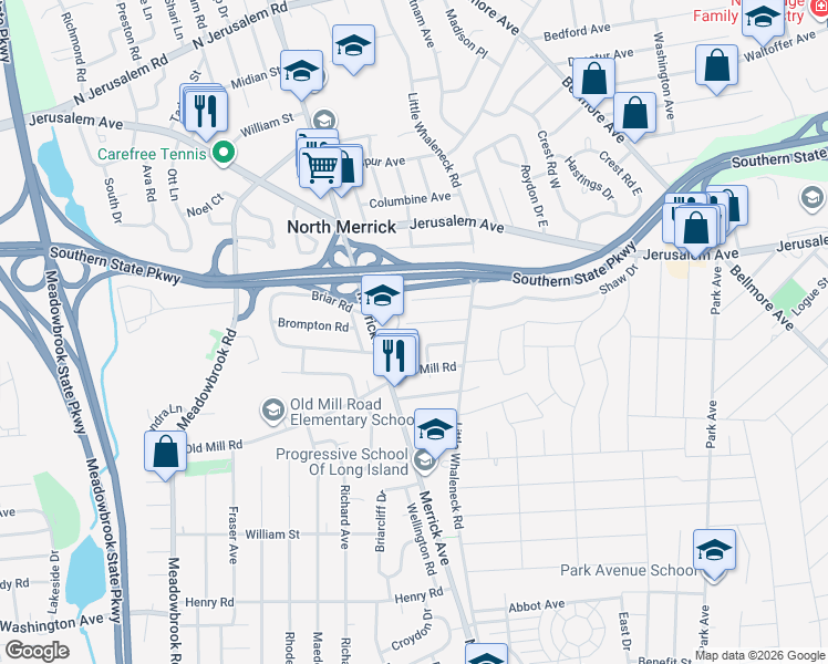 map of restaurants, bars, coffee shops, grocery stores, and more near 1972 Nantucket Road in Merrick