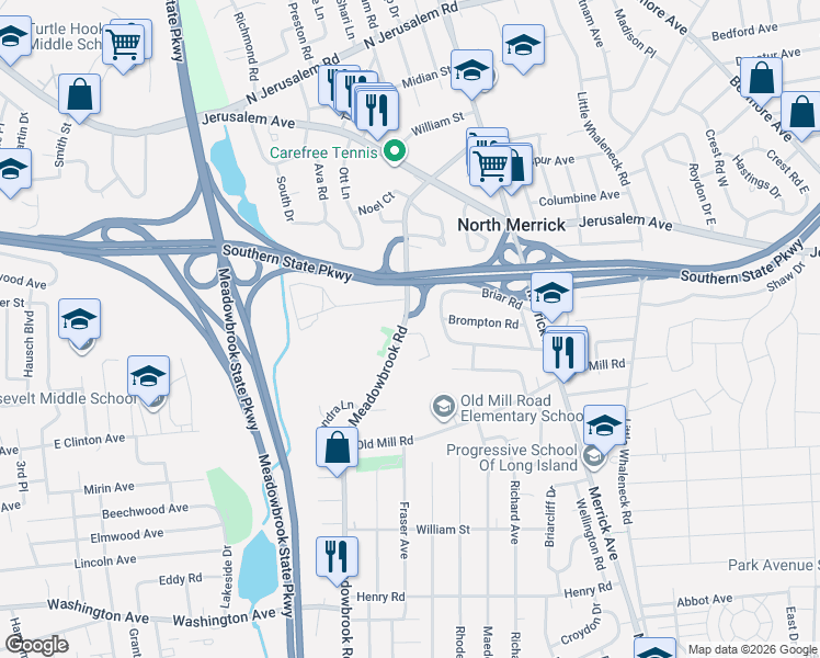 map of restaurants, bars, coffee shops, grocery stores, and more near 1245 Meadowbrook Road in Merrick