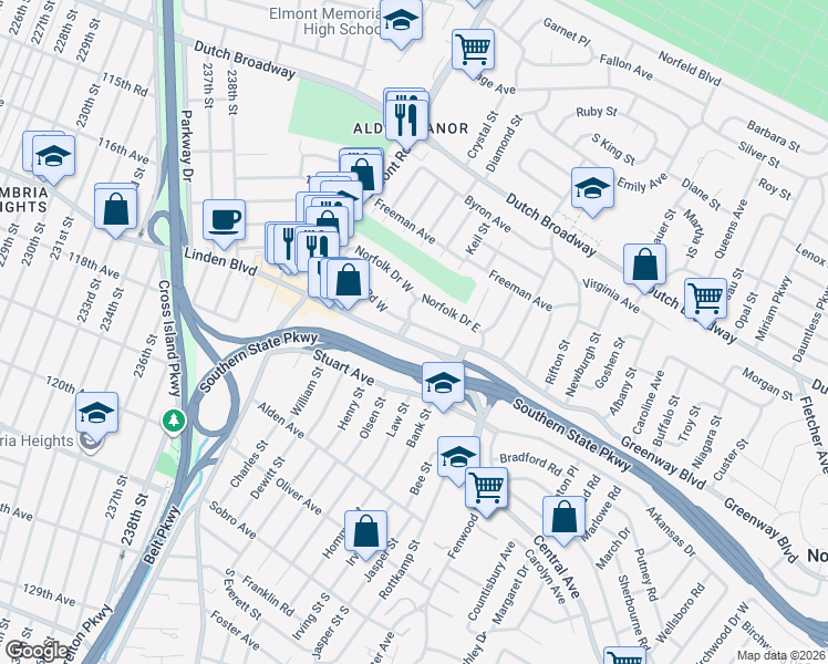 map of restaurants, bars, coffee shops, grocery stores, and more near 5 Tudor Crescent in Elmont