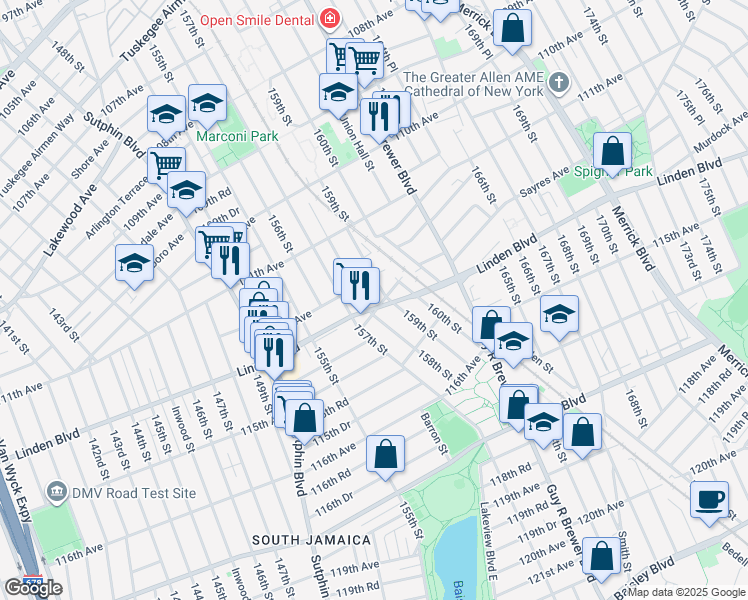 map of restaurants, bars, coffee shops, grocery stores, and more near 112-22 159th Street in Queens
