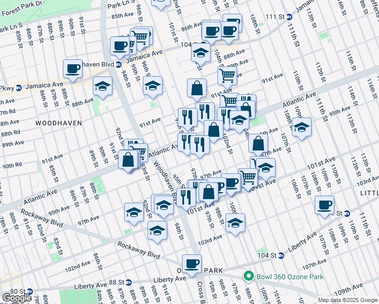 map of restaurants, bars, coffee shops, grocery stores, and more near 97-14 Atlantic Avenue in Queens