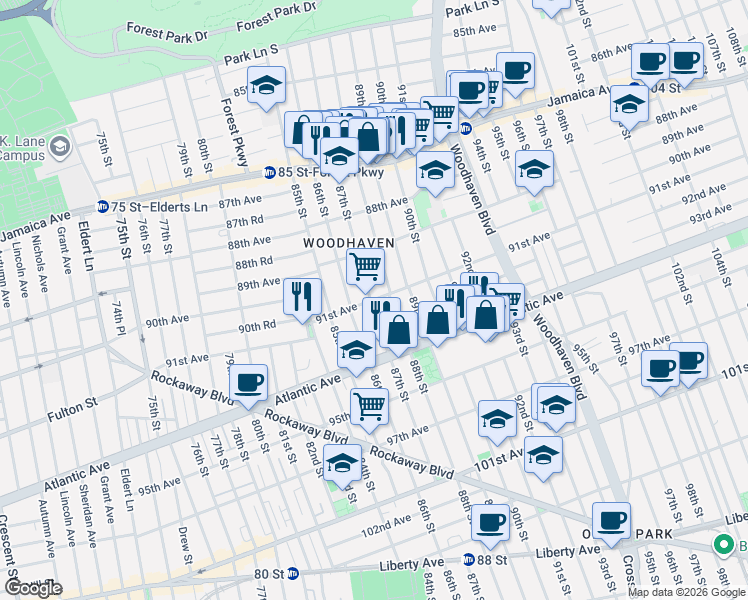 map of restaurants, bars, coffee shops, grocery stores, and more near 89-27 87th Street in Queens