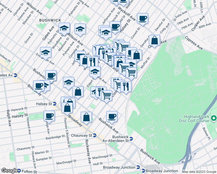 map of restaurants, bars, coffee shops, grocery stores, and more near 168 Schaefer Street in Brooklyn