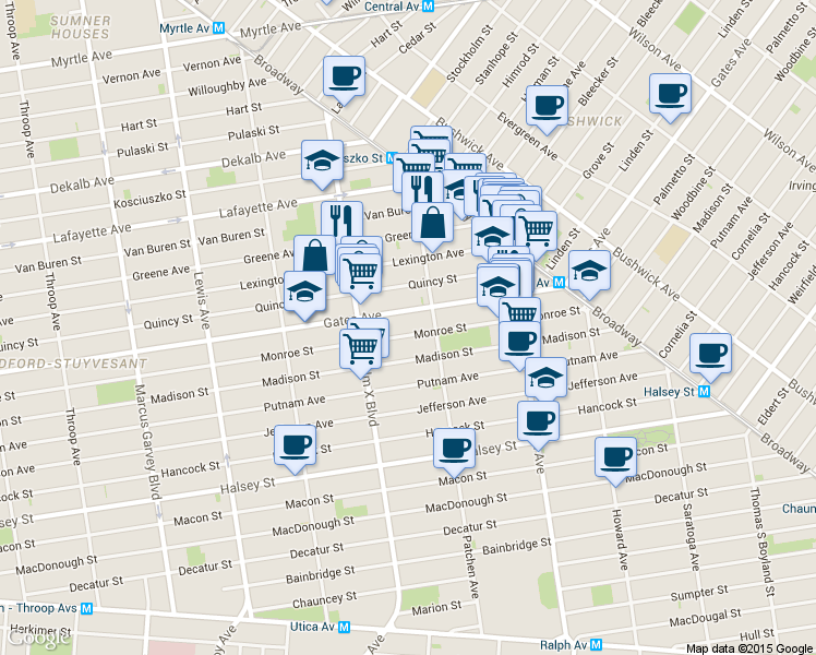 map of restaurants, bars, coffee shops, grocery stores, and more near in Brooklyn