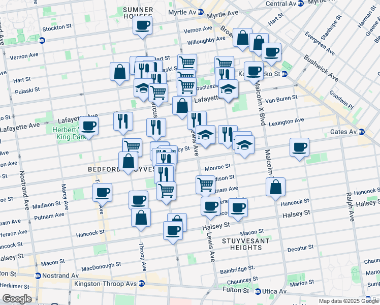 map of restaurants, bars, coffee shops, grocery stores, and more near 218 Lewis Avenue in Brooklyn