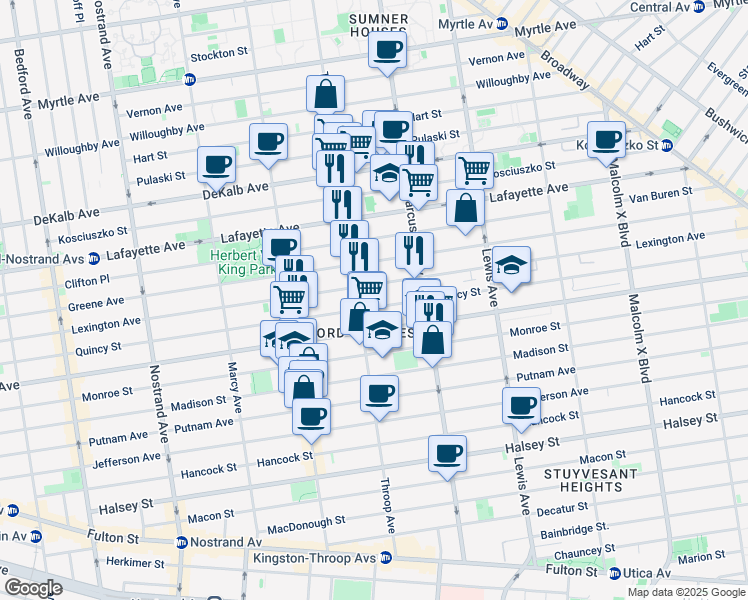 map of restaurants, bars, coffee shops, grocery stores, and more near 519 Lexington Avenue in Brooklyn