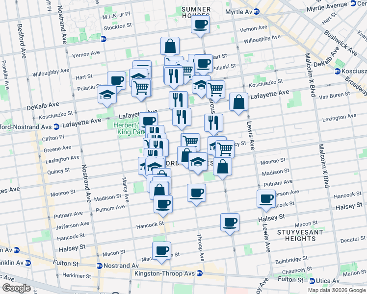 map of restaurants, bars, coffee shops, grocery stores, and more near 434 Throop Avenue in Brooklyn