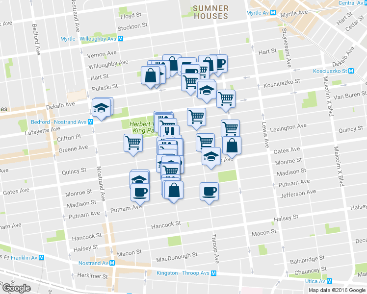 map of restaurants, bars, coffee shops, grocery stores, and more near 438 1/2 Lexington Avenue in Brooklyn
