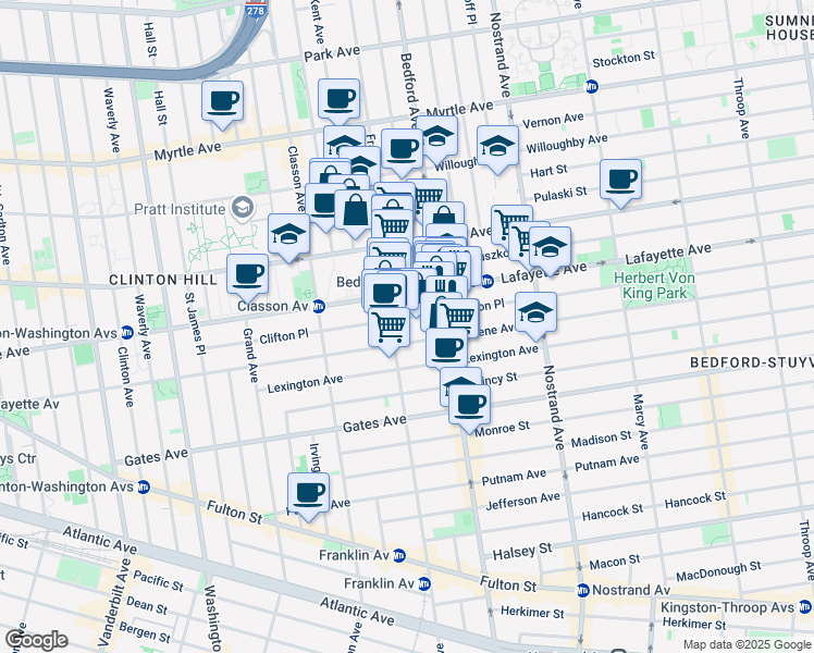 map of restaurants, bars, coffee shops, grocery stores, and more near 476 Lafayette Avenue in Brooklyn