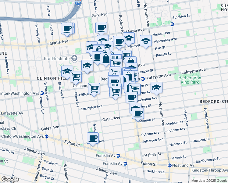 map of restaurants, bars, coffee shops, grocery stores, and more near 446A Lafayette Avenue in Brooklyn