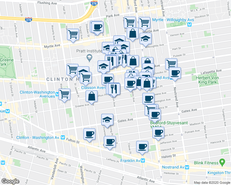 map of restaurants, bars, coffee shops, grocery stores, and more near 404 Lafayette Avenue in Brooklyn