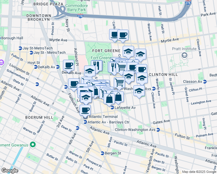 map of restaurants, bars, coffee shops, grocery stores, and more near 26 South Oxford Street in Brooklyn