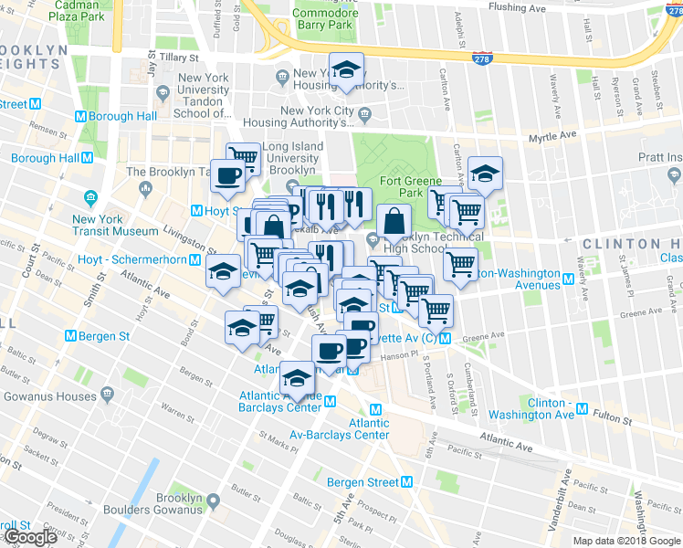 map of restaurants, bars, coffee shops, grocery stores, and more near 201 1/2 Ashland Place in Brooklyn