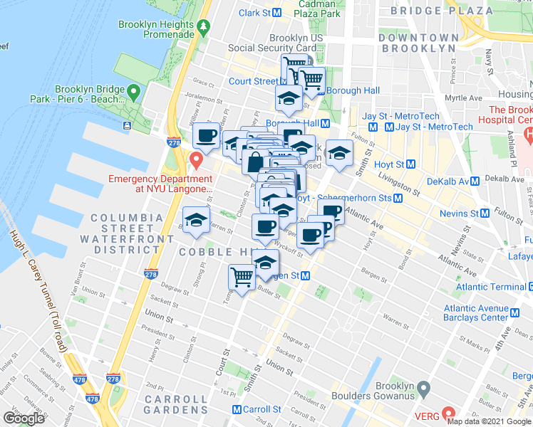 map of restaurants, bars, coffee shops, grocery stores, and more near 174 Pacific Street in Brooklyn