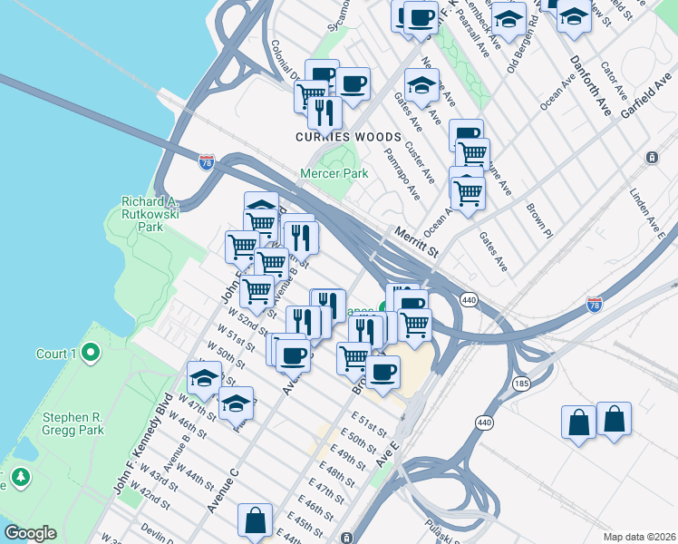 map of restaurants, bars, coffee shops, grocery stores, and more near 80 West 58th Street in Bayonne